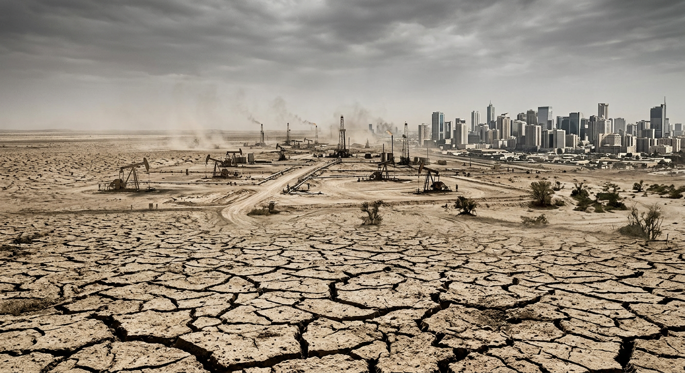 Dry cracked soil in foreground with multiple oil drilling rigs and pollution near city skyline